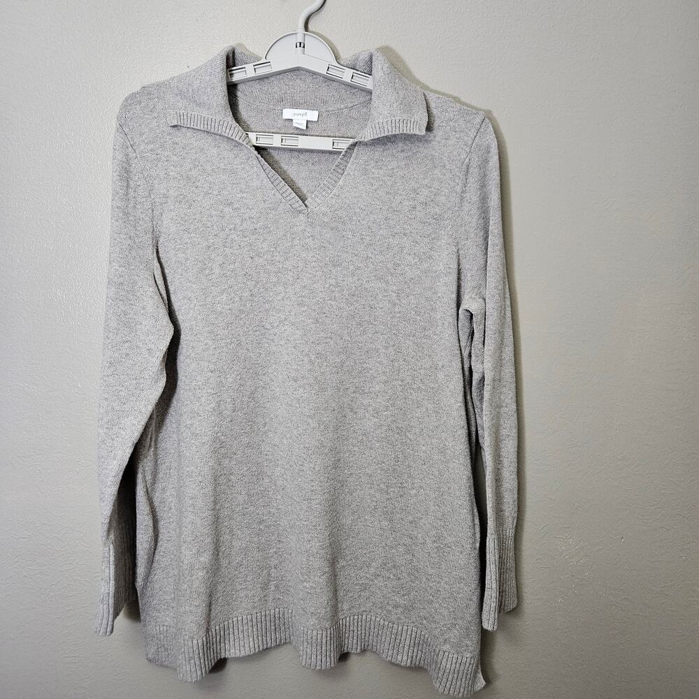 Lagenlook Pure Jill V-Neck Collar Knit Tunic Sweater Grey L Minimalist Hygge